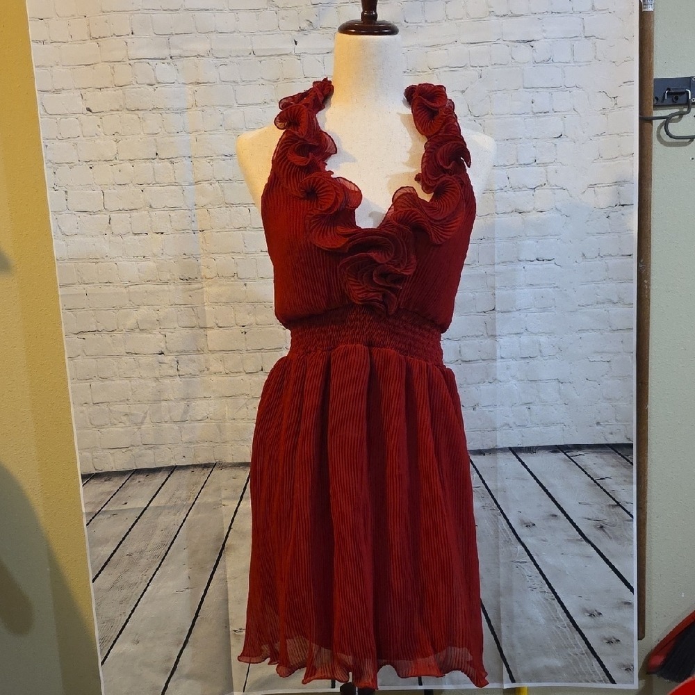 HeartSOUL Cocktail Dress Women S Red Good Ruffled Halter Smocked Waist Pleated